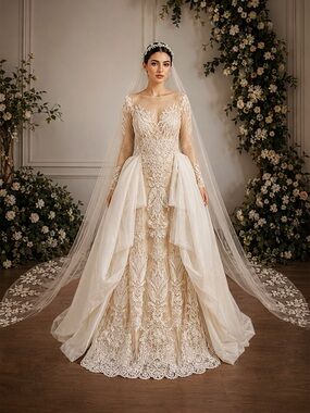 David’s Bridal Luxury Wedding Dress with an Overskirt+Cathedral Veil+Headpiece